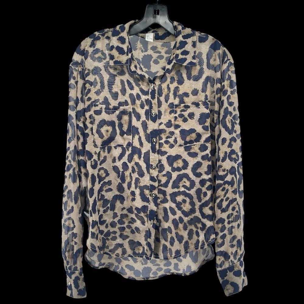 Leopard Print Sheer Button Front Blouse Tan Gold … - image 3